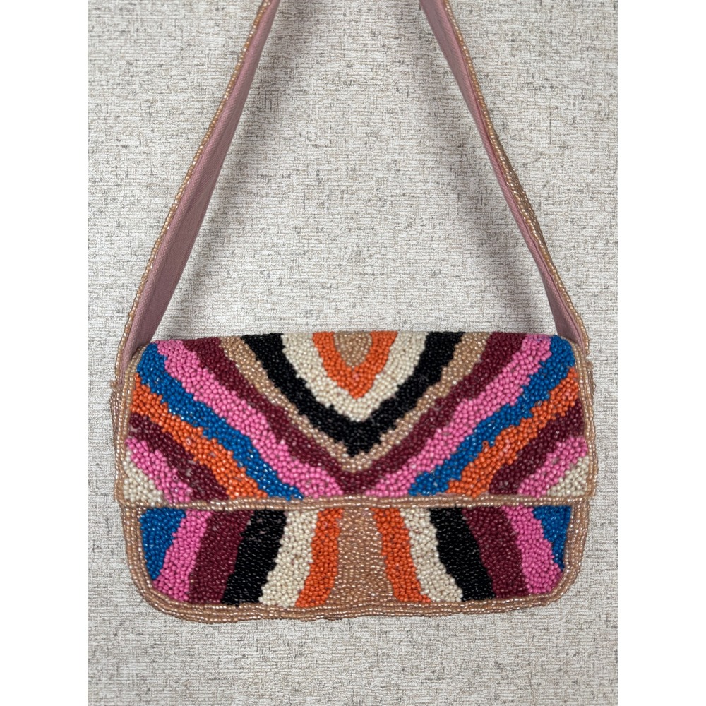America & Beyond Soho Tan Tufted Beaded Shoulder Bag Multicolor Rainbow NWOT